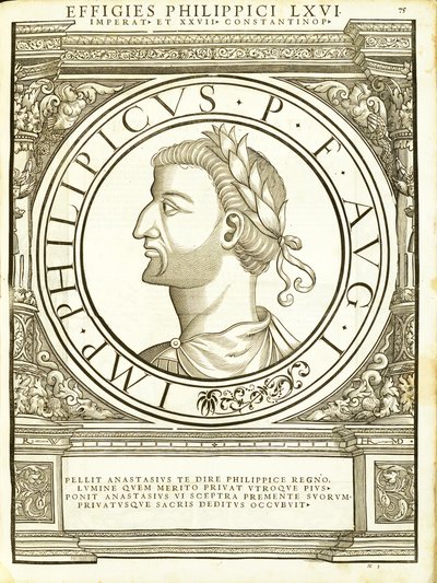 Philippicus, ilustración de Imperatorum romanorum omnium orientalium et occidentalium verissimae imagines ex antiquis numismatis de Hans Rudolf Manuel Deutsch